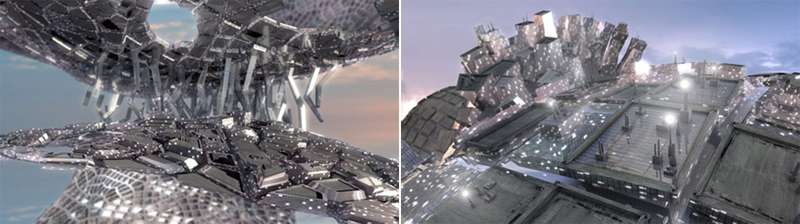 New City, architecturally-scaled immersive media environment for MoMA (Design and the Elastic Mind exhibition, 2008). Photos: Peter Frankfurt, Greg Lynn, Alex McDowell, and Imaginary Forces.