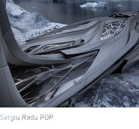 Sergiu Radu POP, "Transformable Antarctic Research Facility." Bird's-eye persepective, rendering. Sergiu Radu POP, "Transformable Antarctic Research Facility." Bird's-eye persepective, rendering.